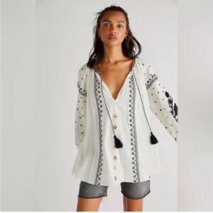 Free People Tallie Embroidered Embellished Tunic Style Ivory Combo Top